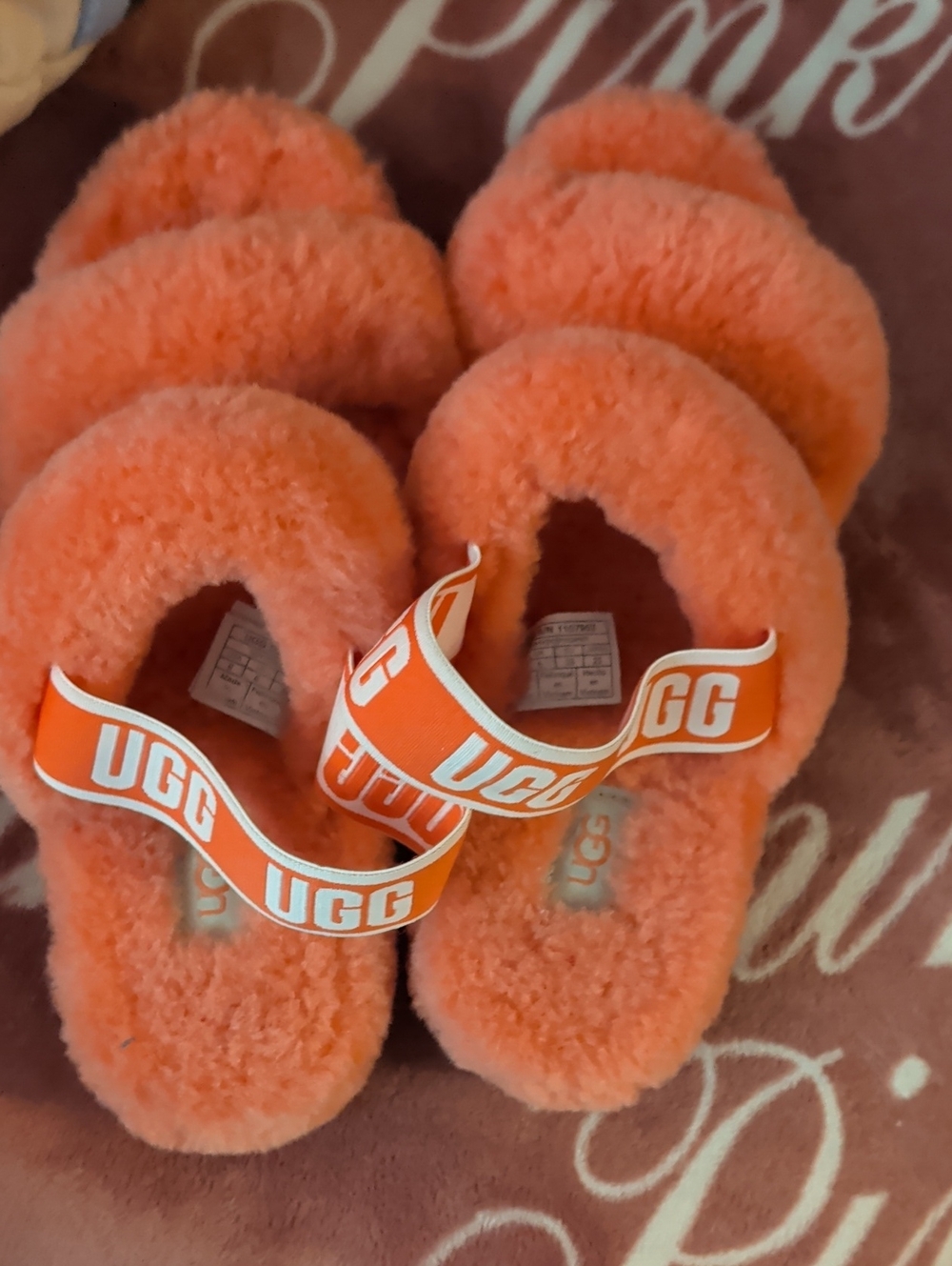 UGG Orange Fluff Shearling Slide Sandals with Logo Strap